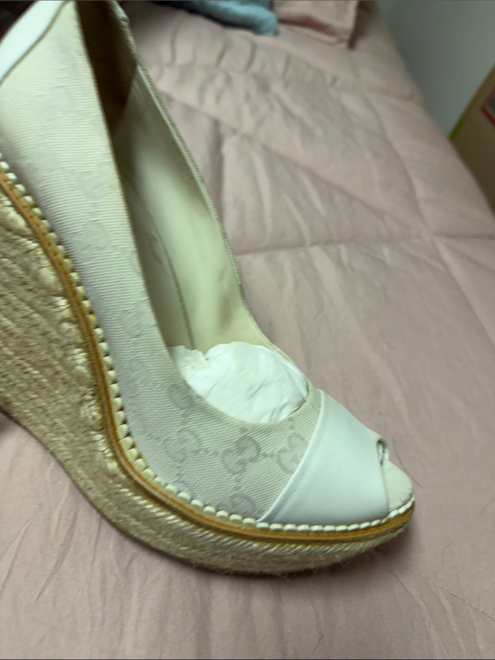 Gucci Beige Canvas Monogram Wedge Espadrilles - Picture 3 of 6